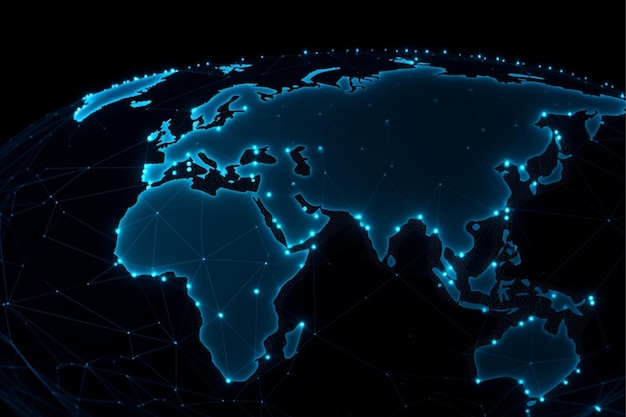 Mapa do mundo com rede de conexão social de tecnologia global com luzes e pontos