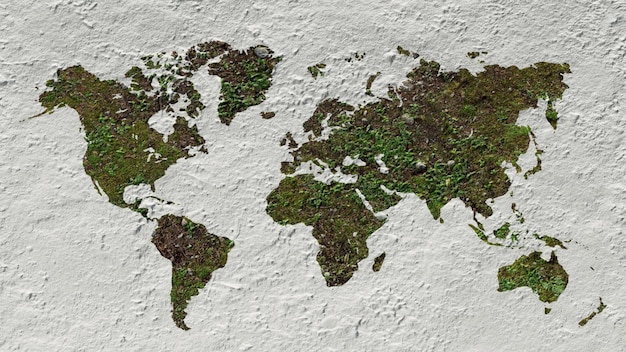 Mapa do mundo com textura de terra sobre parede branca