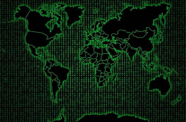 Mapa do mundo contra um código binário verde