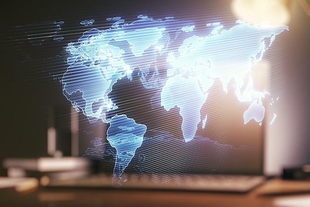 Mapa do mundo criativo abstrato no conceito de comércio internacional de fundo de laptop moderno Multiexposição