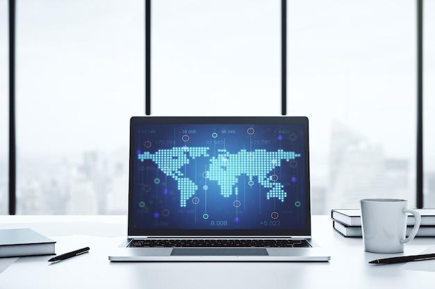 Mapa do mundo criativo abstrato no conceito de comércio internacional de tela de laptop moderno d renderização