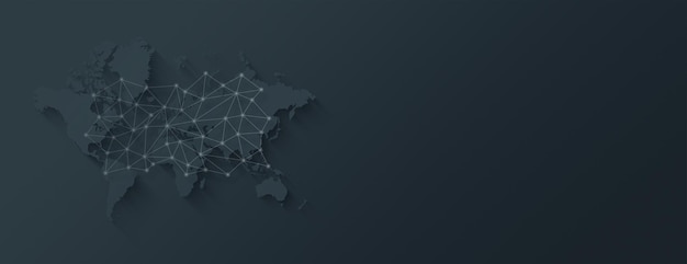 Mapa do mundo e ilustração de rede digital em um banner horizontal de fundo preto