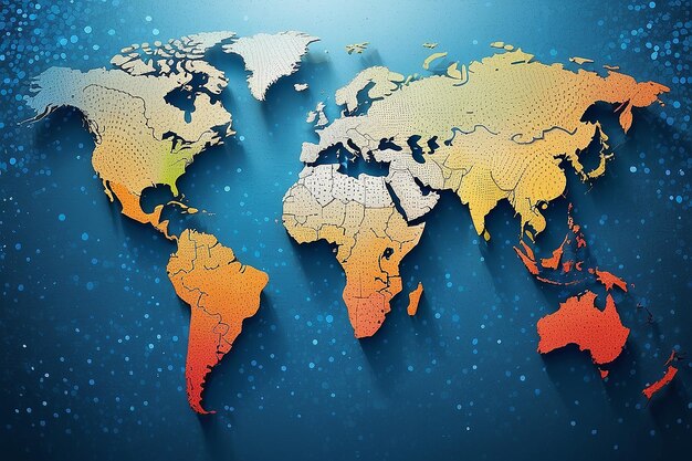 Mapa do mundo em pontos contra uma ilustração de fundo abstrato