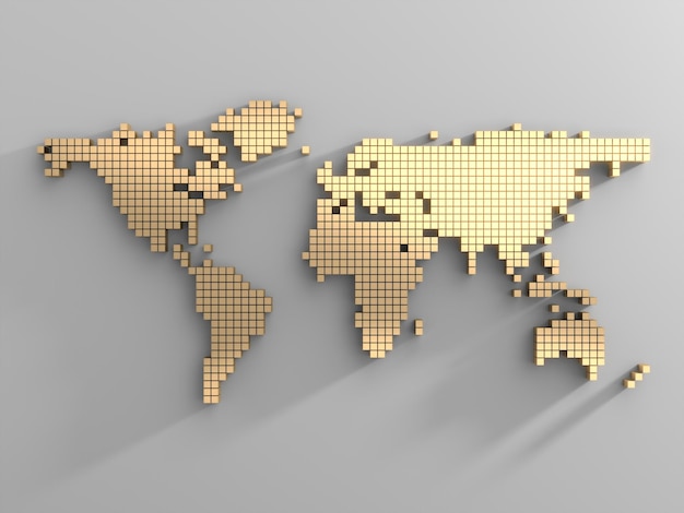 Mapa do mundo feito de cubos dourados em uma parede branca