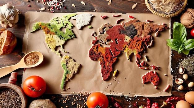 Foto mapa do mundo feito de especiarias e ingredientes em uma mesa de madeira especiarias e ervas de todo o mundo conceito de comida e culinária