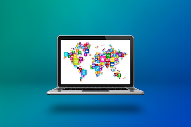 Mapa do mundo feito de ícones na tela de um laptop