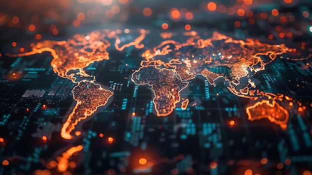 Foto mapa do mundo laranja brilhante com luzes bokeh no fundo o conceito de negócios e comunicação globais