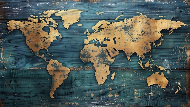 Foto mapa do mundo pintado em fundo de madeira em cor dourada o mapa é de estilo vintage e tem um aspecto angustiado