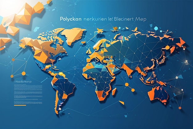 Mapa do mundo poligonal com rede peer-to-peer de tecnologia blockchain em fundo azul