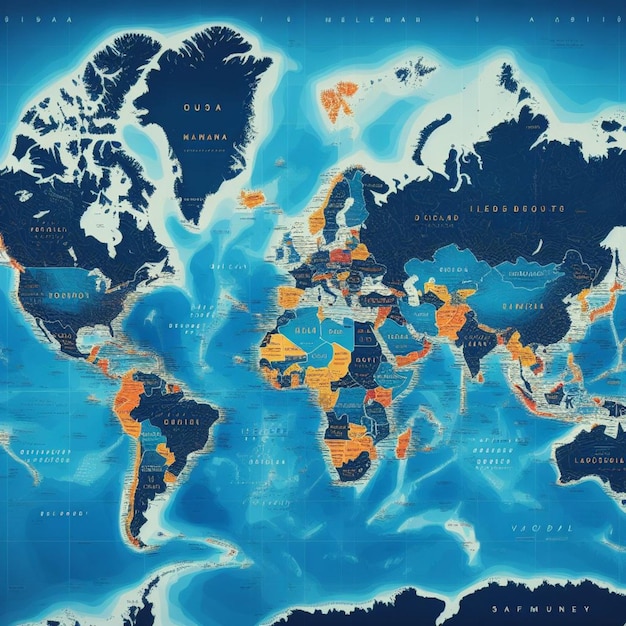 Mapa do mundo vetorial em tons azuis