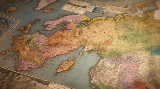 Mapa do mundo vintage em um velho pergaminho manchado IA generativa