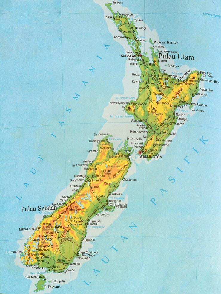 Foto mapa do país da nova zelândia com a capital wellington, ilha norte e ilha sul