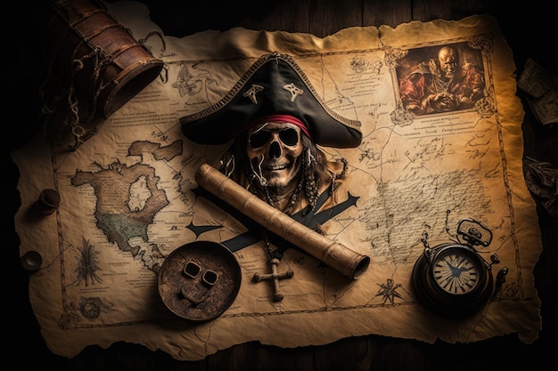 Mapa do tesouro com bússola e objetos piratas AI