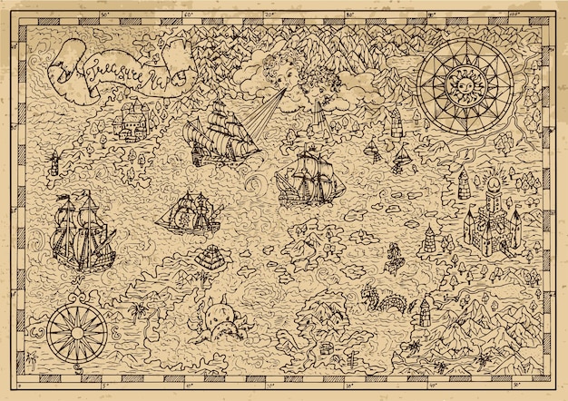 Mapa do Tesouro Pirata com navio antigo e bússola no quadro