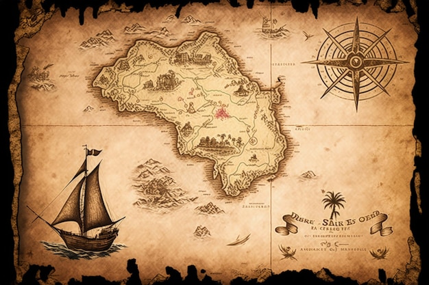 Mapa do tesouro pirata com navio e mar generative ai