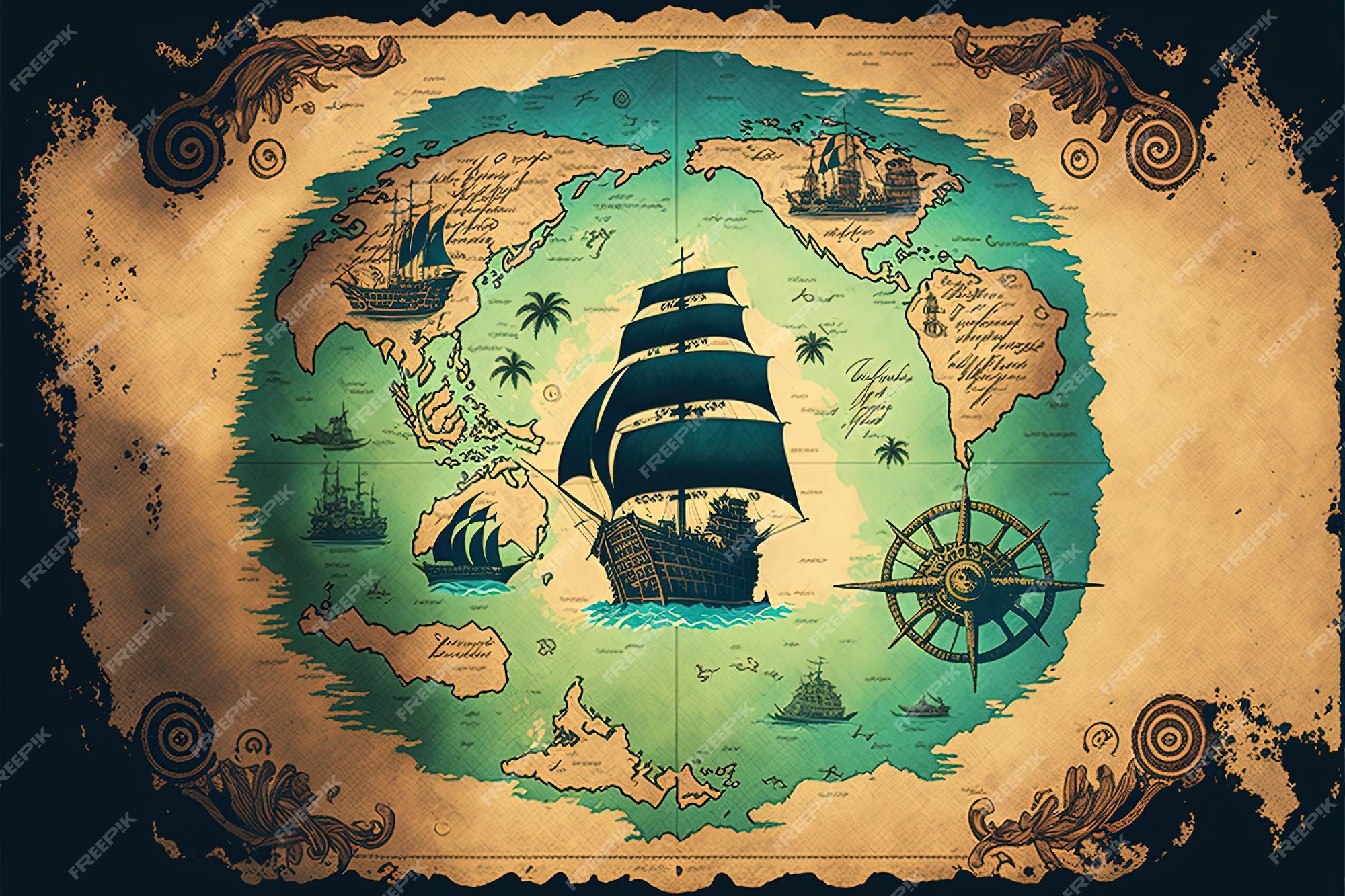 Mapa do tesouro pirata com navio e mar generative ai