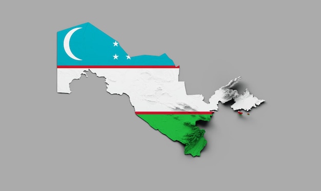 Mapa do Uzbequistão Bandeira do Uzbequistão Alívio sombreado Mapa de altura de cor em fundo branco ilustração 3d