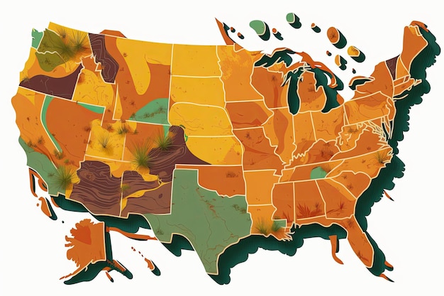 Mapa dos EUA com estados em design plano de fundo branco