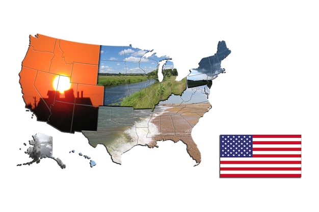 Mapa dos lados dos EUA e bandeira nacional