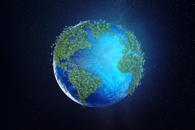 Mapa ecológico do mundo composto por grama verde e folhas tropicais Conceito de reciclagem