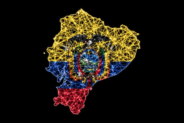 Mapa de Ecuador, mapa de línea de malla poligonal, mapa de bandera