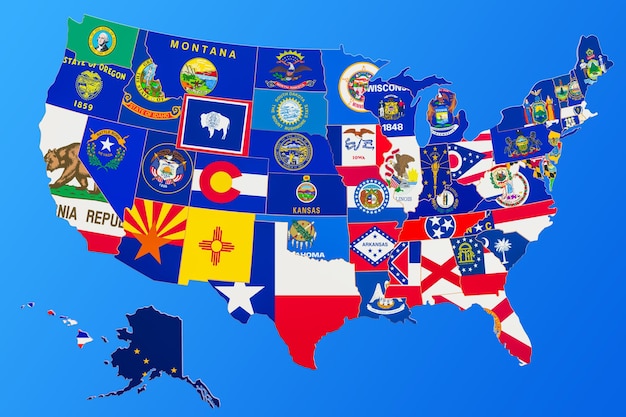 Mapa de los Estados Unidos de América con banderas estatales en fondo azul renderización 3D