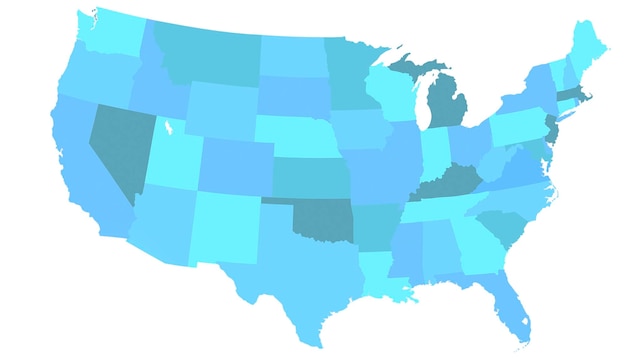 Mapa de Estados Unidos azul aislado sobre fondo blanco.