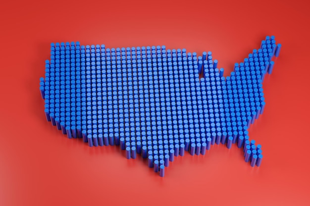 Foto mapa de estados unidos con columnas azules sobre fondo rojo ilustración 3d