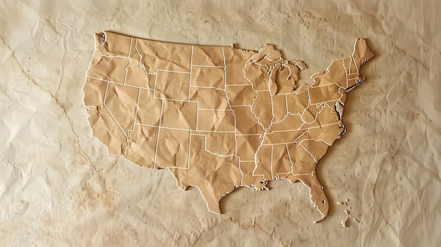 Mapa de Estados Unidos de papel hecho a mano en un fondo arrugado