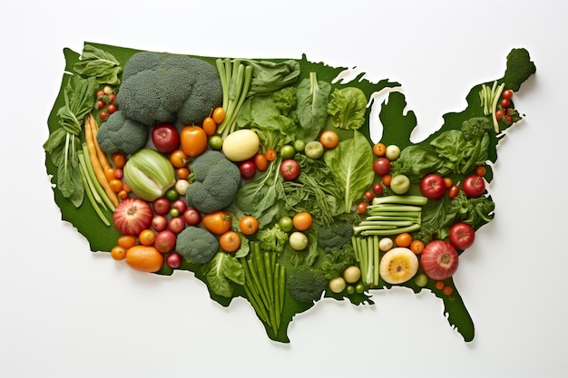 Mapa de estados vegetales de los Estados Unidos con verduras sobre fondo blanco.