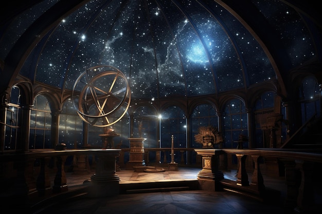 Mapa estelar e mapa celeste em um antigo observatório sob o luar