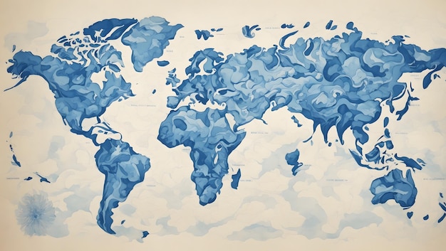 Un mapa estilizado del mundo con un tono azul brillante y una ilustración única de masas de tierra