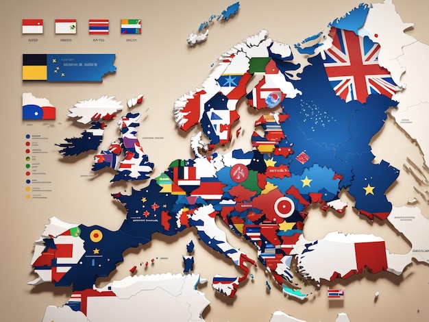 Mapa de Europa con banderas de países renderizado en 3D en representación gráfica