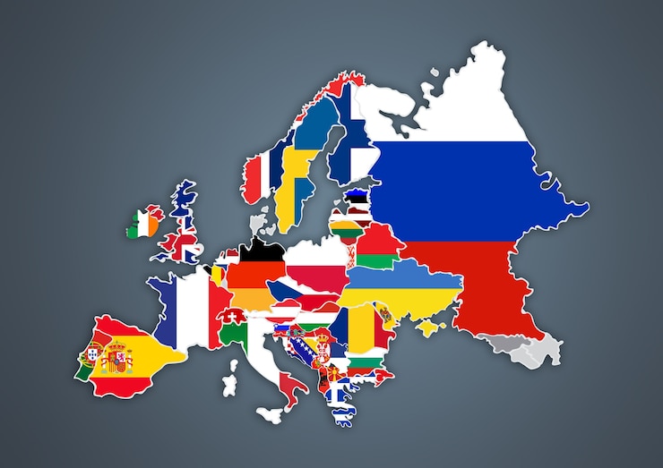 Foto mapa europeu com fronteiras nacionais com bandeiras de países, em fundo cinza