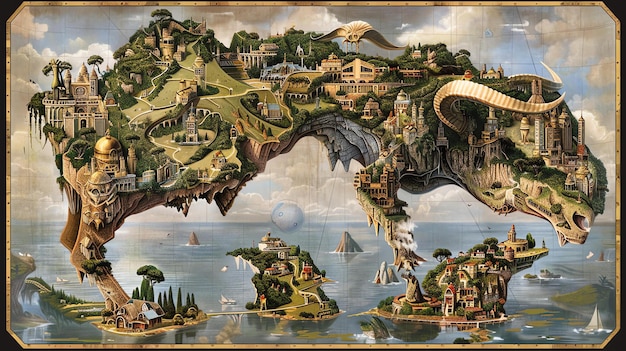 Un mapa de fantasía muy detallado de una isla flotante con dirigibles y un monstruo marino