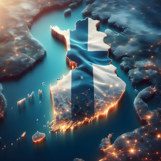 Mapa de Finlandia con la bandera del país ondeando foto realista