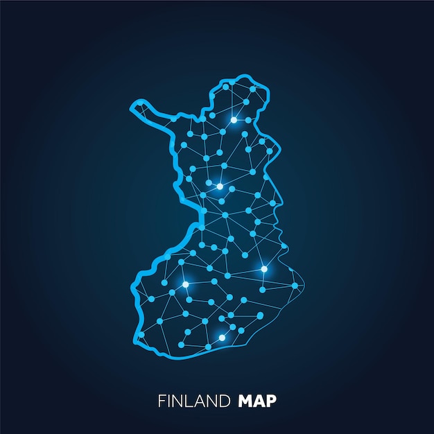 Mapa de Finlandia hecho con líneas conectadas y puntos brillantes