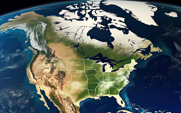 Foto mapa físico da américa do norte, eua, canadá e méxico com detalhes de alta resolução
