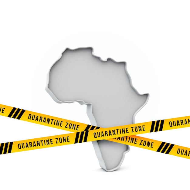 Mapa de África con cinta de seguridad de advertencia de cuarentena amarilla d render