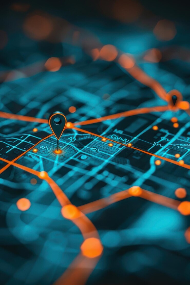 Un mapa futurista de la ciudad con luces de neón brillantes y un marcador de pin de ubicación que representa tecnología de navegación avanzada