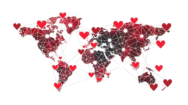Mapa geométrico do mundo com corações vermelhos conectando países simbolizando o amor global e a unidade em um pouco