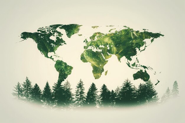 Mapa global do mundo em silhueta sobre as árvores da floresta