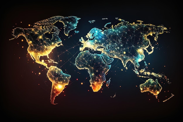 Mapa global del mundo las tecnologías de comunicación de la tierra con efecto de internet IA generativa moderna futurista