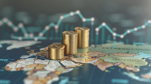un mapa con un gráfico de monedas y un gráfico con la palabra financiera en él