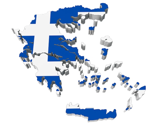 Mapa de Grecia en los colores de la bandera de Grecia sobre un fondo blanco.