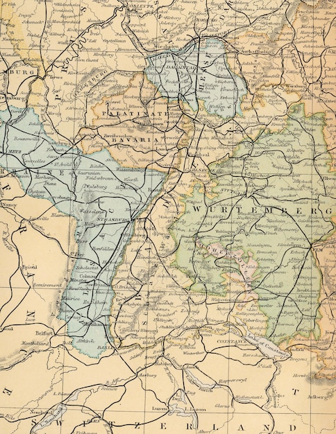 Mapa histórico de las regiones de Baviera, Württemberg y Palatinado en Alemania