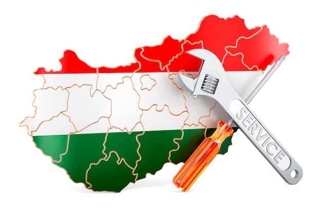 Mapa húngaro con destornillador y llave inglesa 3D
