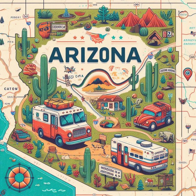 Mapa ilustrado detallado del estado de Arizona con varios puntos de referencia y símbolos