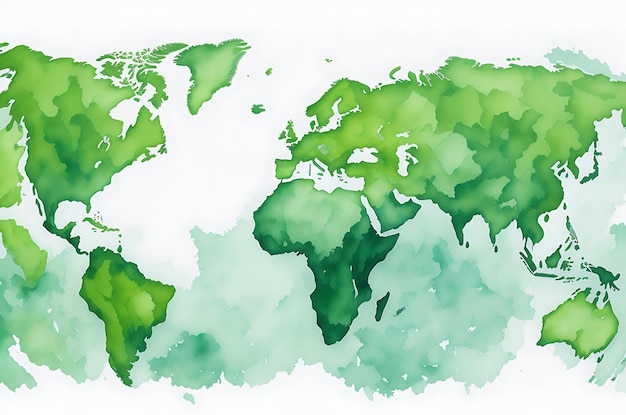Foto mapa ilustrado del mundo con una acuarela de cielo verde de fondo aislado