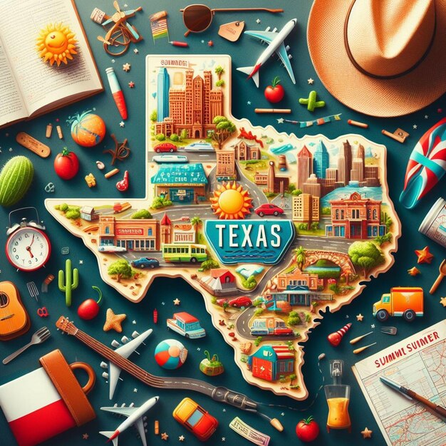 Mapa ilustrado de Texas con iconos variados y puntos de referencia famosos en un concepto de diseño creativo